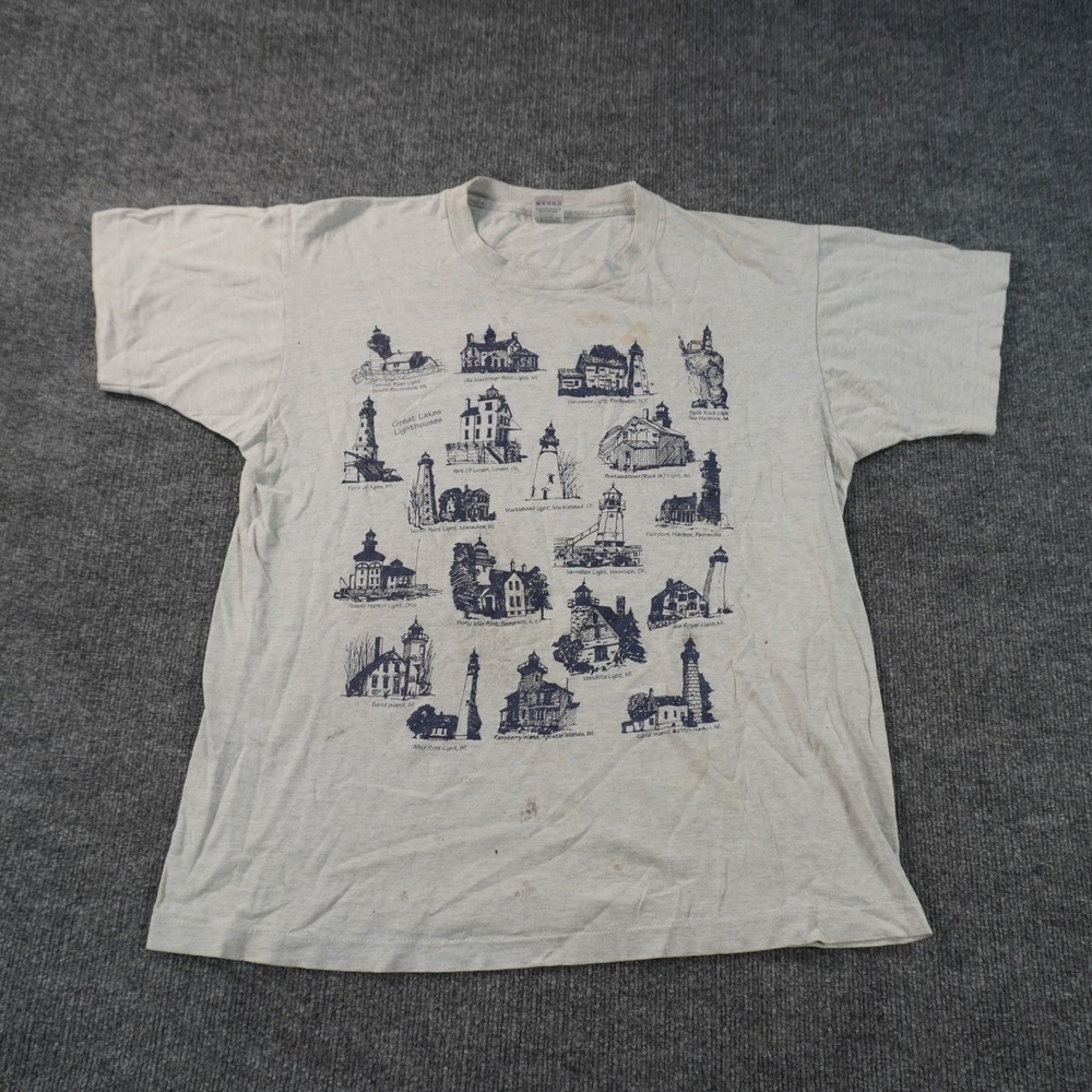 Vintage Great Lakes Lighthouses T-Shirt Mens Large Gray 90s Single Stitch